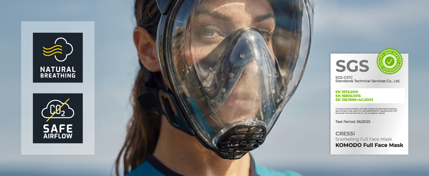 Маска для снорклінгу CRESSI Komodo – повна маска Dry з широким оглядом 180° та боковим загубником. Без запотівання, регульовані ремінці M/L, чорний колір.