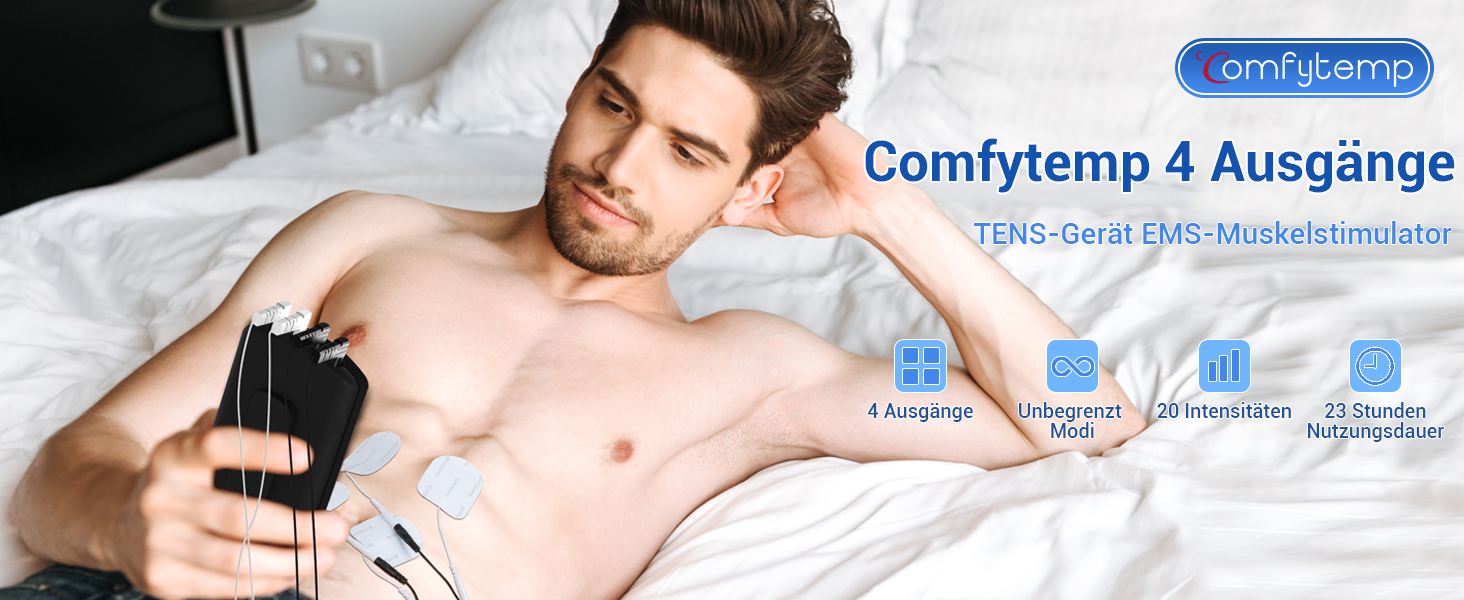 Пристрій TENS/EMS Comfytemp K6106 з 4 каналами та 8 електродами для терапії болю та масажу, 24 режими, 10 електродів