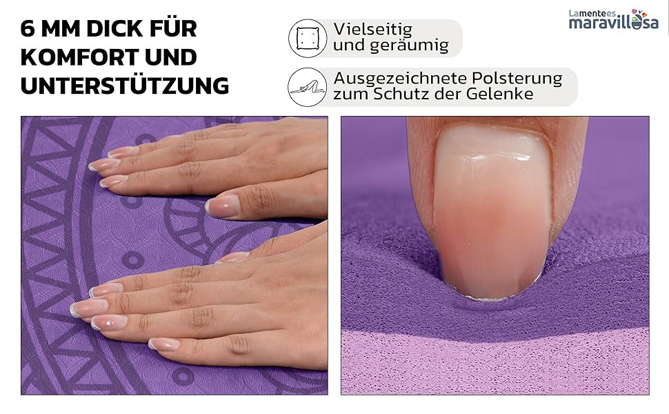 Килимок для гімнастики та йоги LA MENTE ES MARAVILLOSA з TPE, 183x61 см. Зручний для фітнесу, пілатесу, з сумкою та інструкцією. Захищає суглоби, для занять в приміщенні та на вулиці. Мандала, ліловий + рожевий