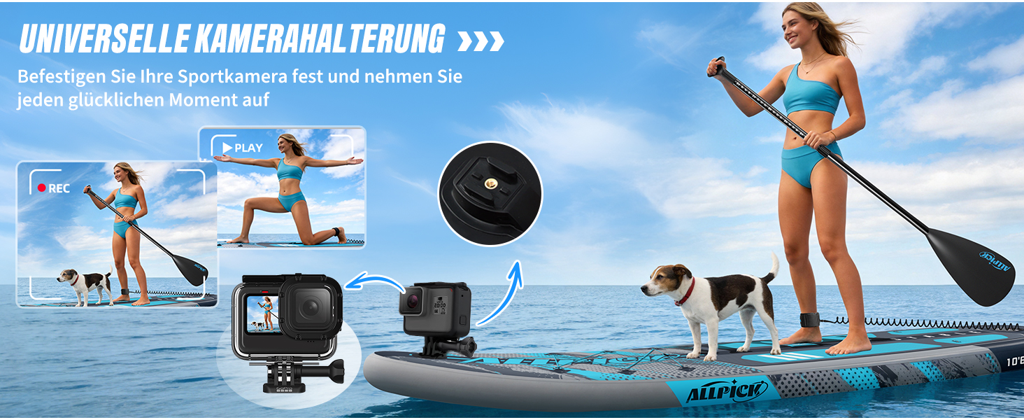 Надувний SUP Борд ALLPICK Premium Set: Комплектація для початківців та просунутих, з камерою, регульованим веслом, 200 кг, колір: ошм'ятково-блакитний