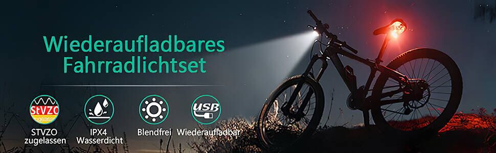 Набір LED-велофаро для велосипеда з покажчиками поворотів, сертифікований за стандартом STVZO, USB-зарядка, фара та задній ліхтар (10/20/40 Lux), водонепроникні