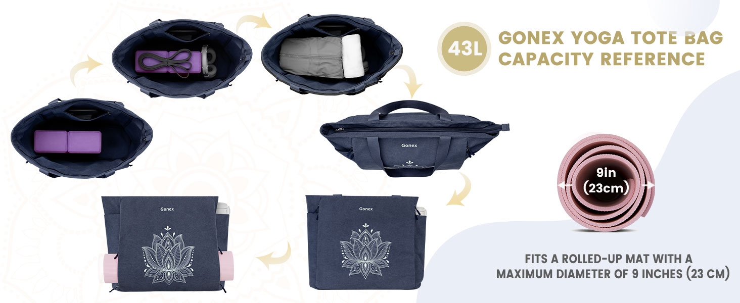 Сумка для йоги Gonex XL синя, велика сумка-тоут для килимка з кишенями для жінок та чоловіків, міцна Canvas сумка для йоги з блискавкою