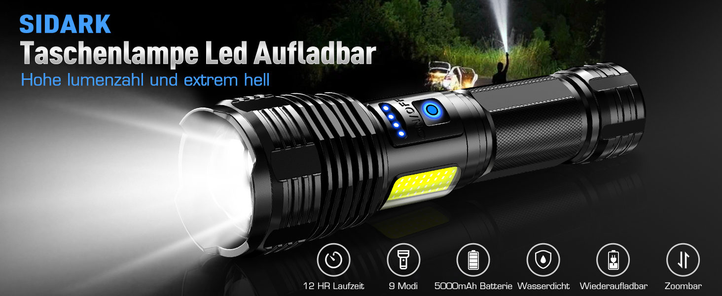 LED ліхтар Sidark 500000 люмен: тактичний, надпотужний, водонепроникний, з бічним світлом, 9 режимів, для кемпінгу та надзвичайних ситуацій