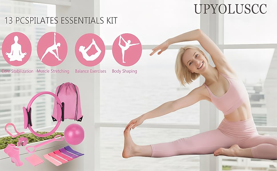 Набір для пілатесу 13 частин: м'яч, кільце, аксесуари (рожевий)