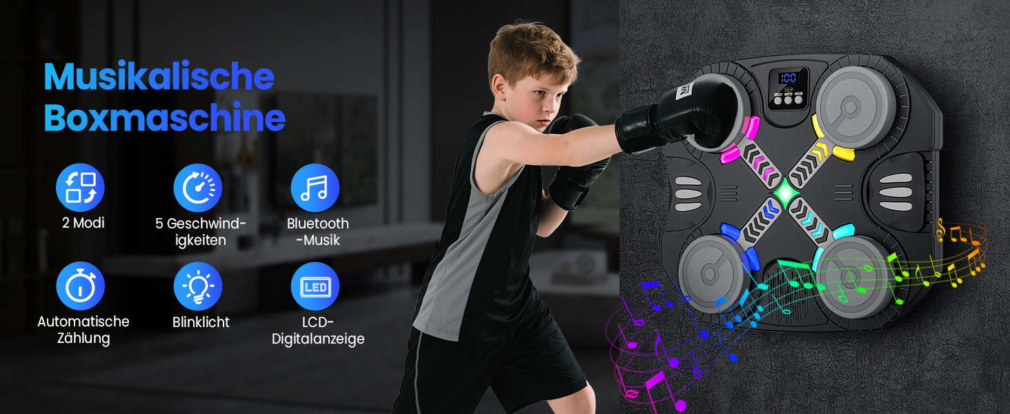 Дитяча боксерська машина з підсвіткою та музикою, Bluetooth, 5 швидкостей, 2 режими тренування, LED, чорна