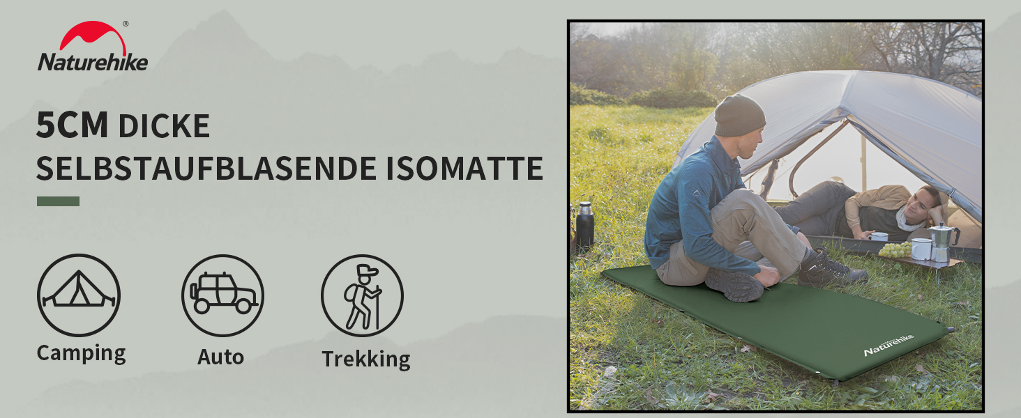 Naturehike Саморозкладаний килимок для сну 5 см, міцний туристичний килимок для кемпінгу, з'єднується з іншими, для наметів, гамаків, походів, сімейного кемпінгу | R-значення 4.8, зелений