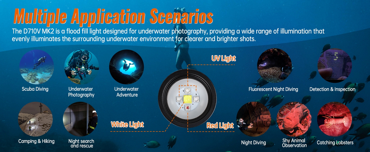 Ліхтар підводний ORCATORCH D710V MK2 з 2300 люменів, білий+UV+червоний світлодіодний, IP68 водонепроникний, 150м, для відеозйомки, дайвінгу, кемпінгу