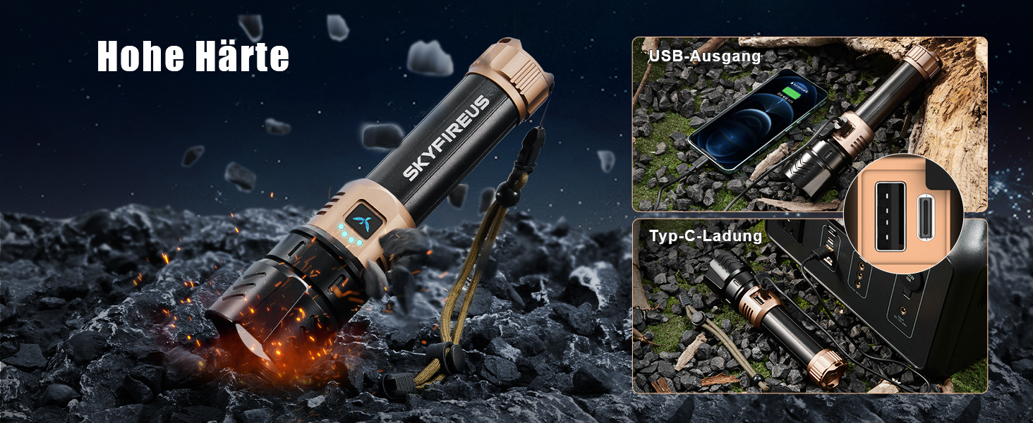 Ліхтарик LED SKYFIRE акумуляторний 5000 люмен, з функцією запалювання, зумом та Power Bank для кемпінгу та надзвичайних ситуацій
