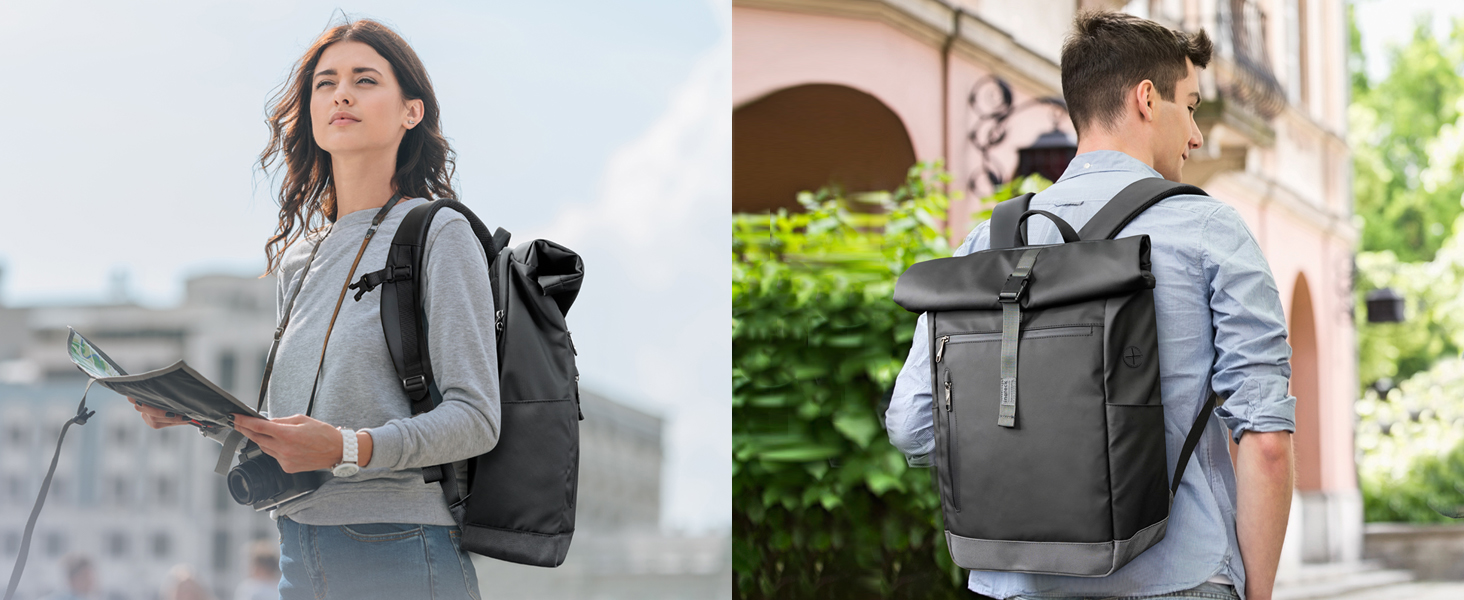Міський рюкзак Inateck RollTop 25-30 л, чорний, для ноутбука 17'' – універсальний для чоловіків і жінок, велосипедний, шкільний, для університету, роботи, спорту та подорожей