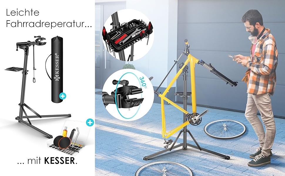 Підставка для велосипедів KESSER® Profi Alu: для ремонту та збирання гірських, електровелосипедів. 360° обертання, сумка, ремкомплект, магнітний органайзер для інструментів (антрацит)