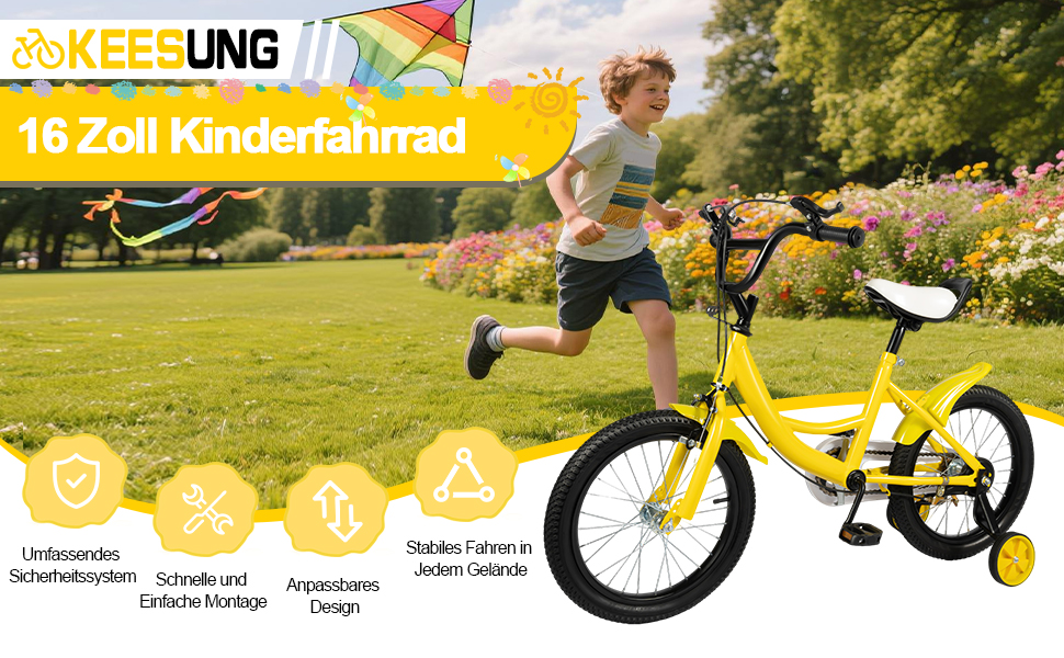 Дитяче велосипед 16 дюймів для хлопчиків та дівчаток, з регульованою висотою та знімними бічними колесами, для дітей 5-8 років (жовтий)