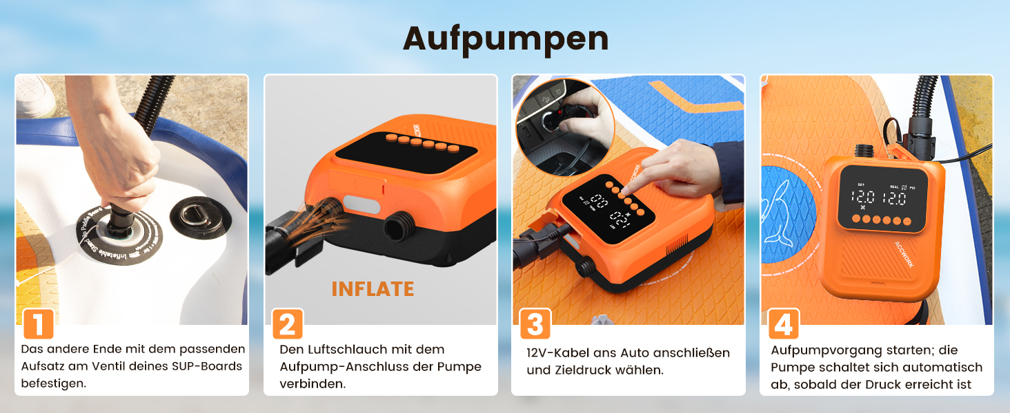 Насос електричний для SUP дошки Accwork 20 PSI, 12V, з адаптерами для каяка, човна, надувного матрацу