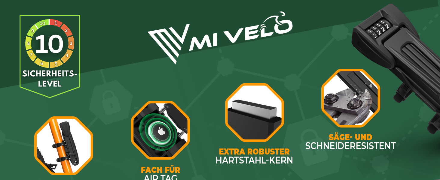 Складаний велосипедний замок MIVELO з відділенням для AirTag, кодовий, сталевий, 90 см, з кріпленням, підвищена безпека