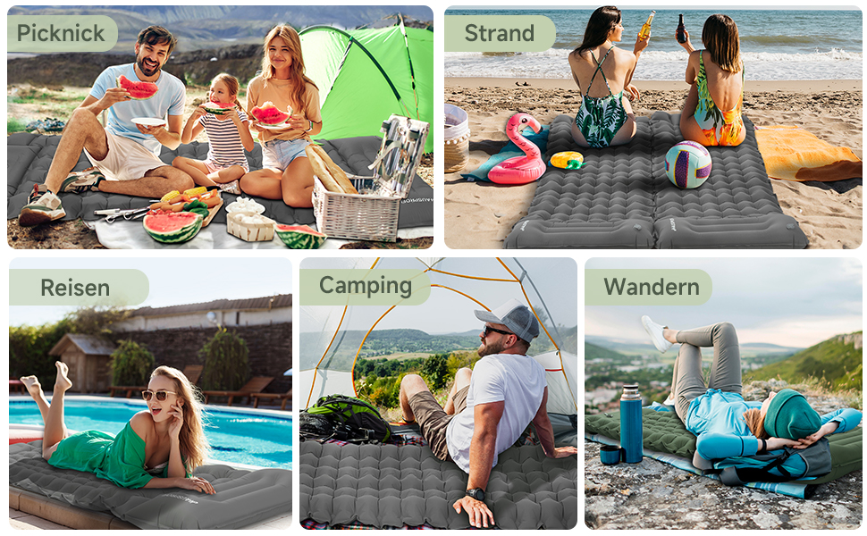 Килимок для кемпінгу HAUSPROFI Isomatte: ультралегкий надувний матрац з насосом та подушкою, для туризму, пляжу, відпочинку на природі (сірий)