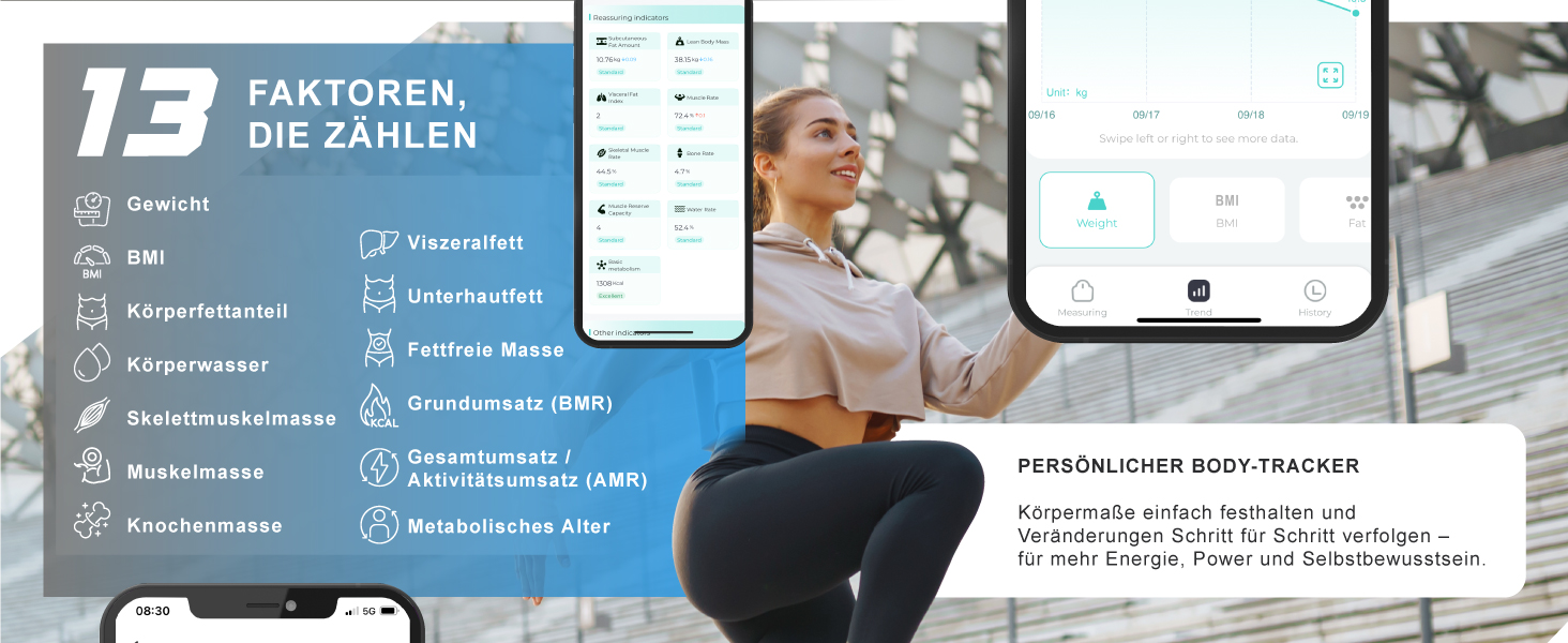 MyBEO Цифрова Bluetooth вага для аналізу складу тіла з додатком – вага для вимірювання ваги, BMI, жиру, м'язів – до 180 кг – LCD-дисплей – скляна поверхня 6 мм – біла