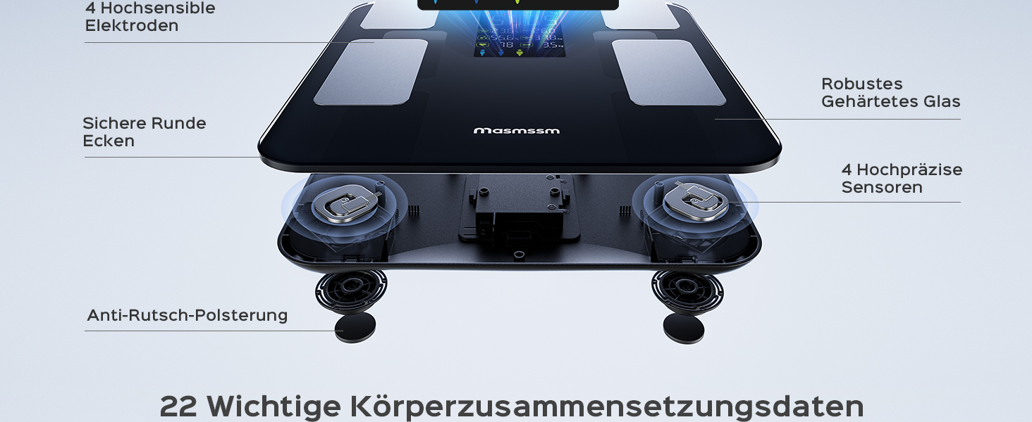 Ваги підлогові цифрові 8-в-1 Bluetooth Personenwaage: аналіз тіла, BMI, відсоток жиру, пульс, iOS/Android, до 180 кг