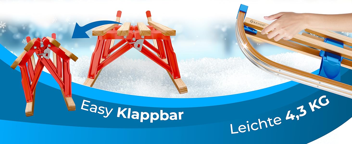 Дерев'яний санчата KESSER® Premium з буку, складні, з тяговим тросом та металевими чіпами, без спинки, червоні