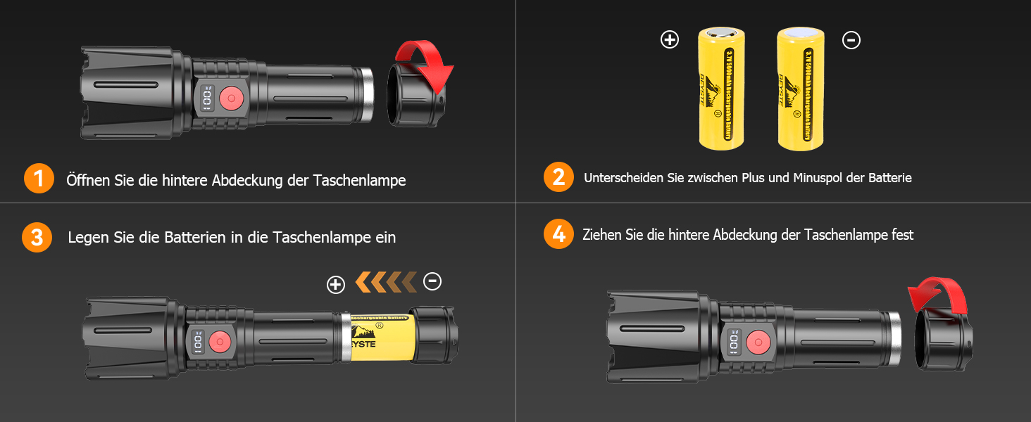 Ліхтар LED BEYSTE 1000000 Люмен, тактичний, водонепроникний, USB-C, для активного відпочинку та надзвичайних ситуацій, чорний