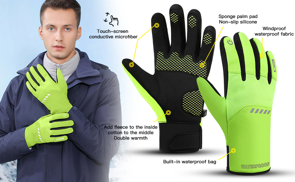 Зимові рукавички для чоловіків, водонепроникні, з підтримкою сенсорного екрану, флісові, теплі, термо, для велосипеда, мотоцикла, катання на лижах, чорні XL