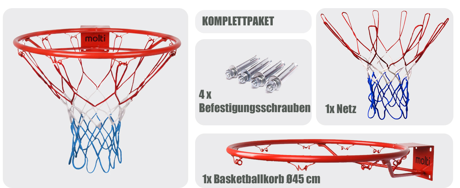Баскетбольне кільце molti Ø45 см / Баскетбольне кільце HangRing з сіткою та кріпильними гвинтами зовнішнє 4 кріпильних гвинта (червоний, 45см)