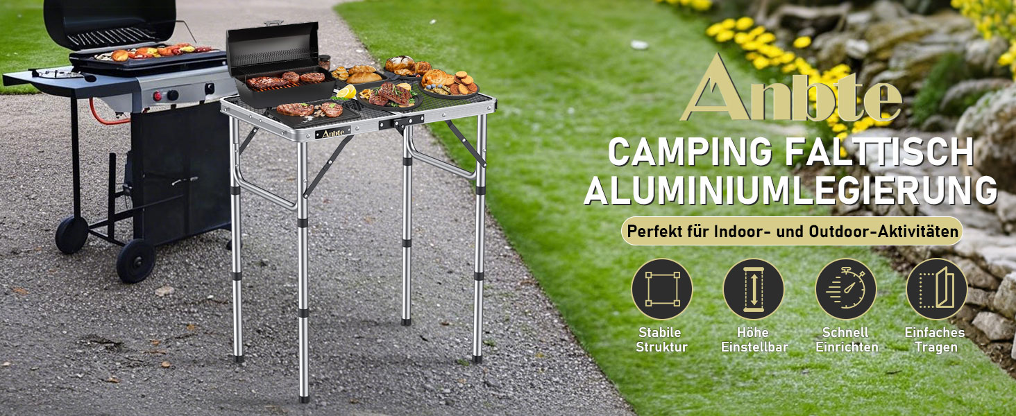 Стіл для кемпінгу Anbte Grilltisch 58x40 см, металевий, з регульованою висотою (26/48/70 см), алюмінієвий каркас, портативний, для пікніка, BBQ, саду, балкону (срібний)
