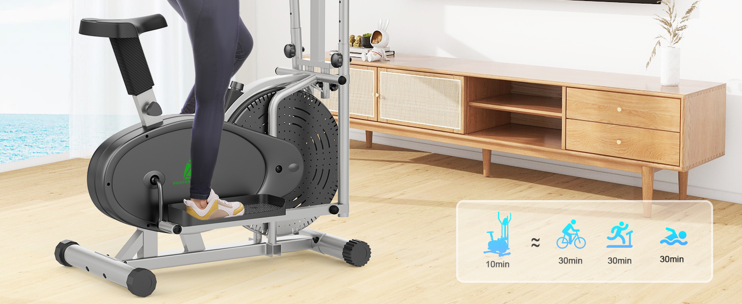 Еліптичний тренажер 2 в 1 для дому: крос-тренажер та фітнес-степер з LCD-монітором та регулюванням навантаження (срібний)