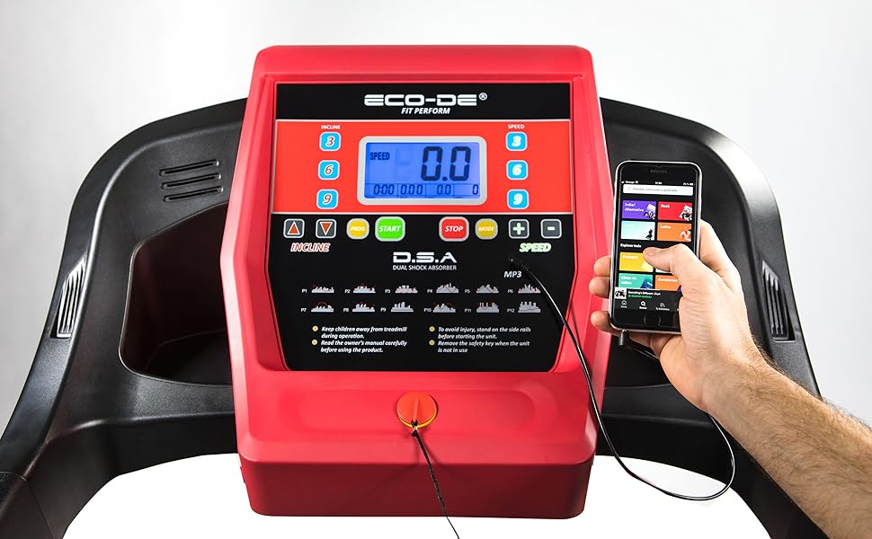 Біговий тренажер ECODE® складаний з DSA Double Shock Absorber, нахилом, Bluetooth та LCD-дисплеєм. 12 програм, опціональний масажер