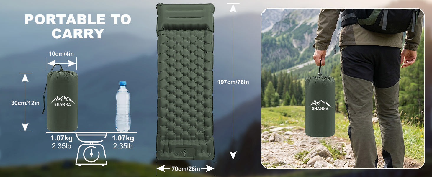 Надувний килимок для кемпінгу SHANNA Isomatte Outdoor 12 см з подушкою та насосом, блакитний павич
