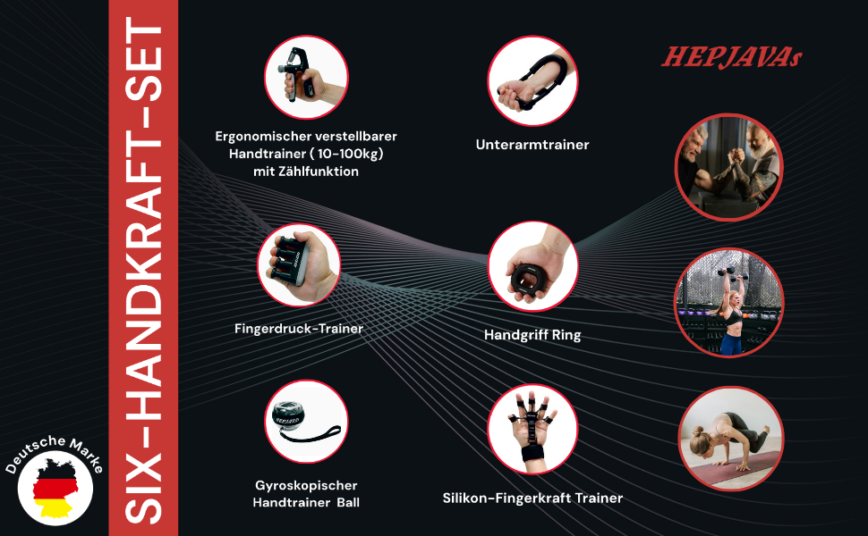 Набір для тренування рук HEPJAVA 6-в-1: тренажер пальців, хвату, передпліччя, гіроскопічна кулька, кільце для хвату, розтягувач пальців. Ідеально для силових тренувань та реабілітації