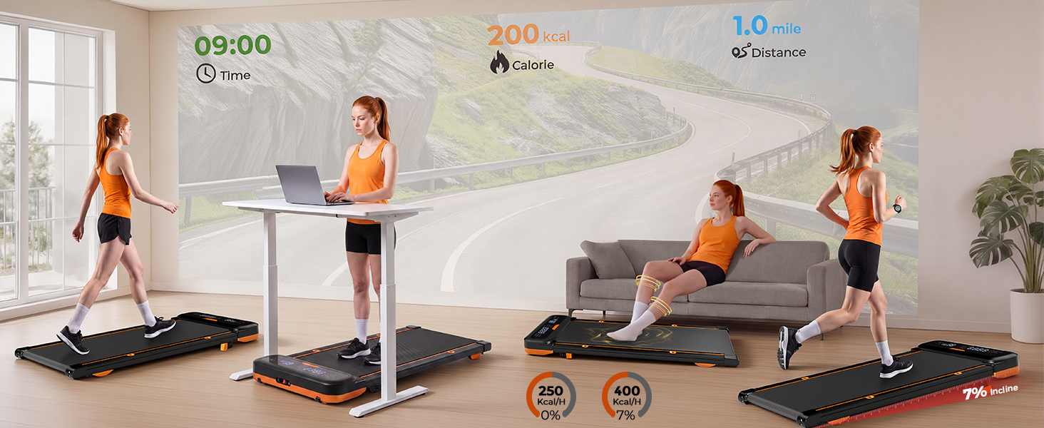 Бігова доріжка для дому з нахилом 7%, Walking Pad 5: реабілітація, 5 рівнів вібрації, під стіл з додатковою ручкою, LED, 2.5HP, швидкість до 7.5 км/год, управління з пульта, до 136 кг, з APP
