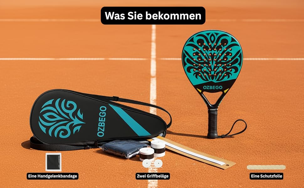 Набір для падел-тенісу Ozbego: повний карбон, сумка, 2 овергрипи, бандаж на зап'ястя, захисна плівка. Підходить для початківців та досвідчених гравців. Легкий та довговічний. Чорний та зелений колір.