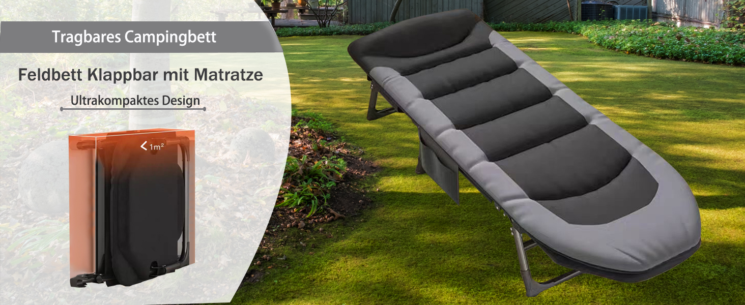 Розкладне ліжко Cozykimo для кемпінгу з матрацом: туристичне, для риболовлі, гостей, сад, будинок (чорне)