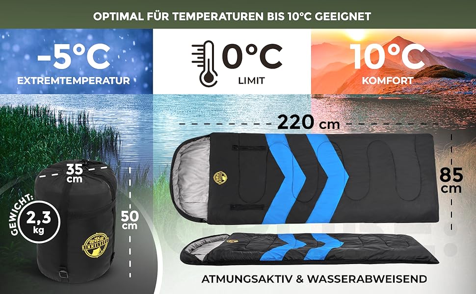 Спальний мішок HIMMELSZELT 4 сезони -5°C до +10°C, 220x85см, водонепроникний, DRYSHIELD, для кемпінгу, туризму, риболовлі, чорно-синій