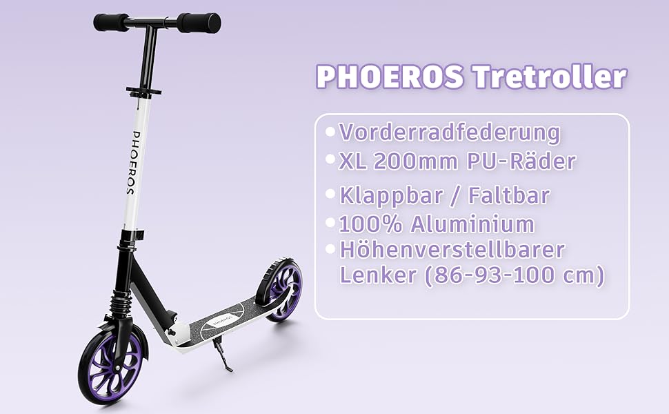 Дитячий трюковий самокат PHOEROS для дітей та дорослих, складний, з регулюванням висоти, амортизація, 200 мм колеса (білий)