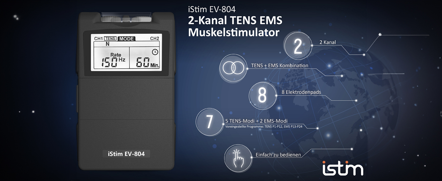 iStim EV-804 TENS/EMS: 2-канальний масажер для зняття болю та м'язової стимуляції – 24 програми, 7 режимів, 8 електродів, для спини, шиї, колін