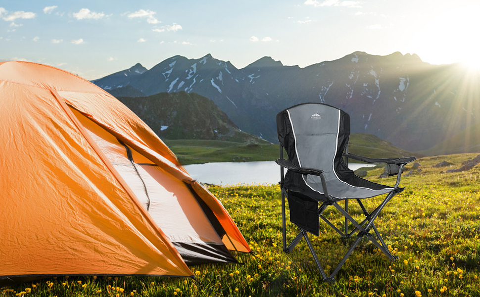 Крісло для кемпінгу Alpha Camp, складне, 160 кг, з підлокітниками та тримачем для напоїв, сталевий каркас, чорно-сіре