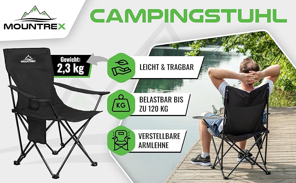 Складний туристичний стілець Mountrex (до 120 кг) - регульовані підлокітники, для риболовлі, пляжу, кемпінгу - компактний, легкий, з підстаканником та сумкою, чорний