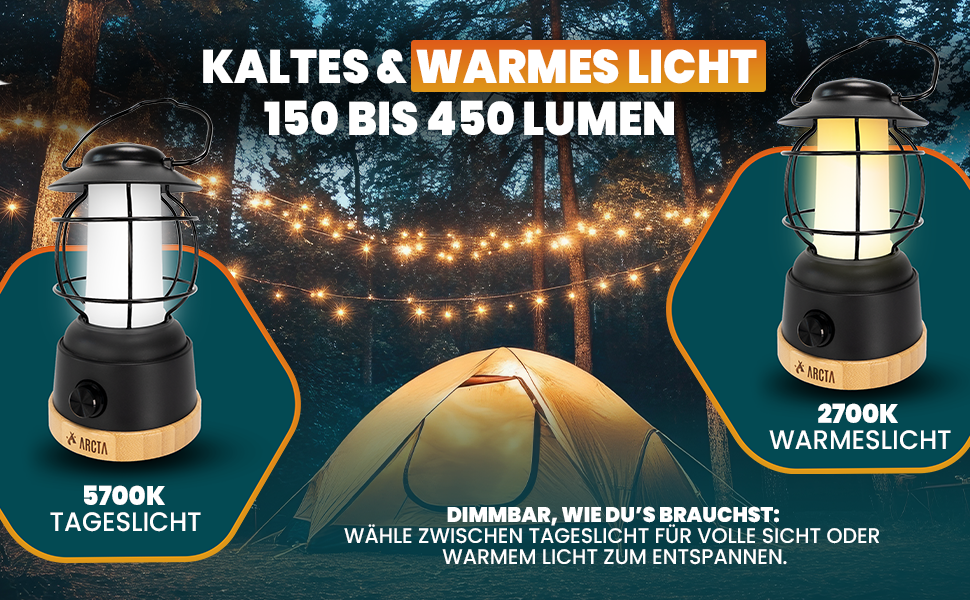 ARCTA® LED кемпінговий ліхтар на акумуляторі – ретро кемпінг ліхтар, IPX4 вологостійкий, димування 20-450lm – ліхтар для намету, саду, кемпінгу, LED Powerbank