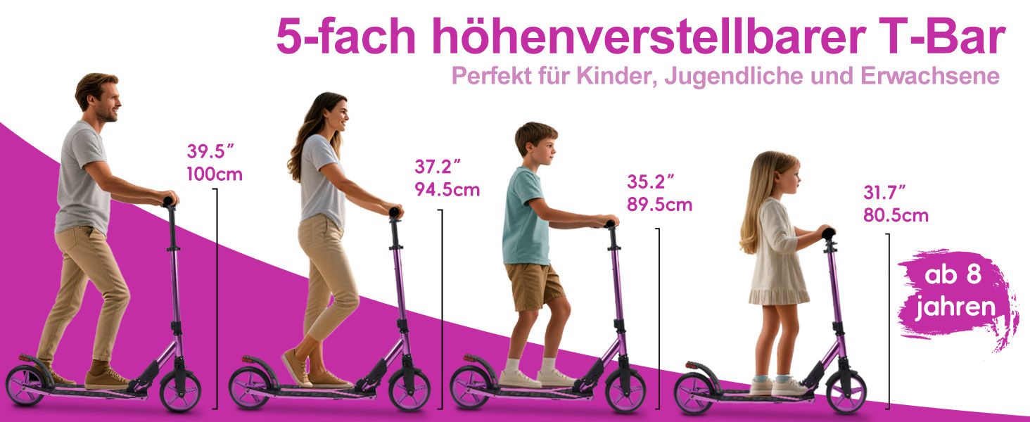 Скутер Lamborghini Tretroller Cityroller з великим колесом, складний, регульована висота, для дорослих та дітей, з підставкою, передньою амортизацією та гальмом на задньому колесі, до 100 кг (фіолетовий)