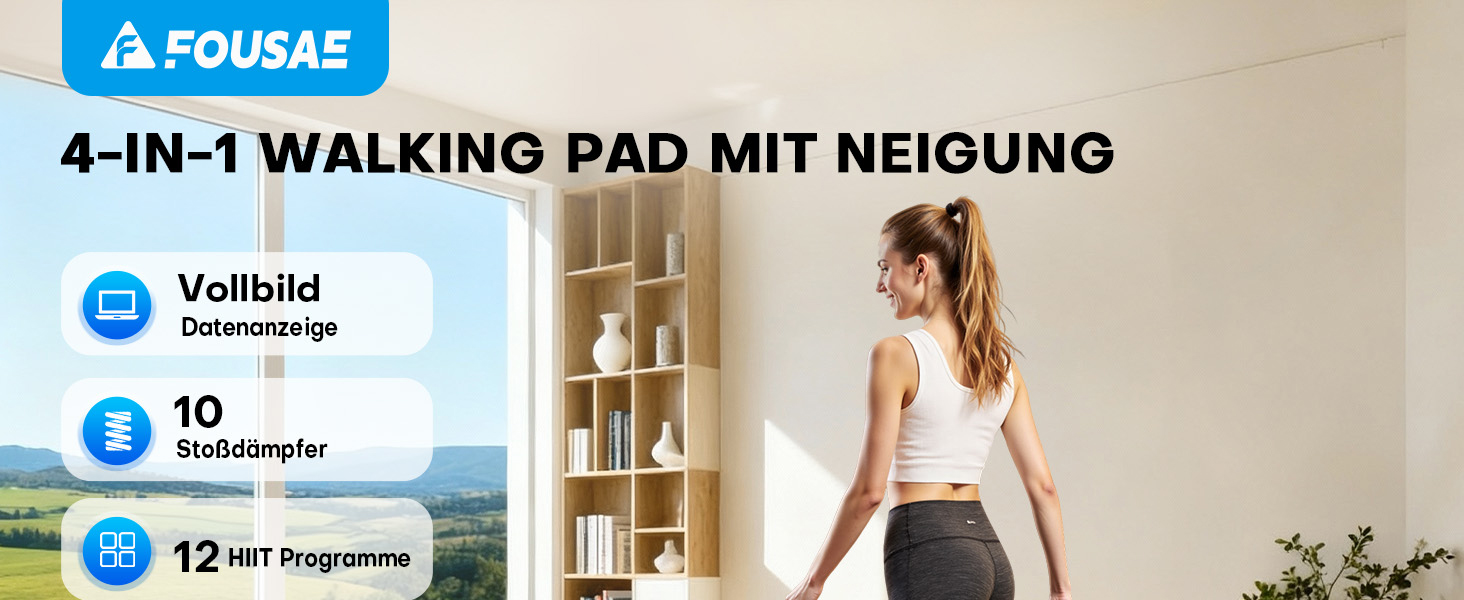 Walking Pad Laufband для дому 4-в-1: біговий стіл з підйомністю 9%, безщітковий двигун 2.5HP, LED-дисплей, пульт дистанційного керування, 12 HIIT-програм, до 150 кг, без встановлення, чорно-синій, з режимом повноекранного відображення