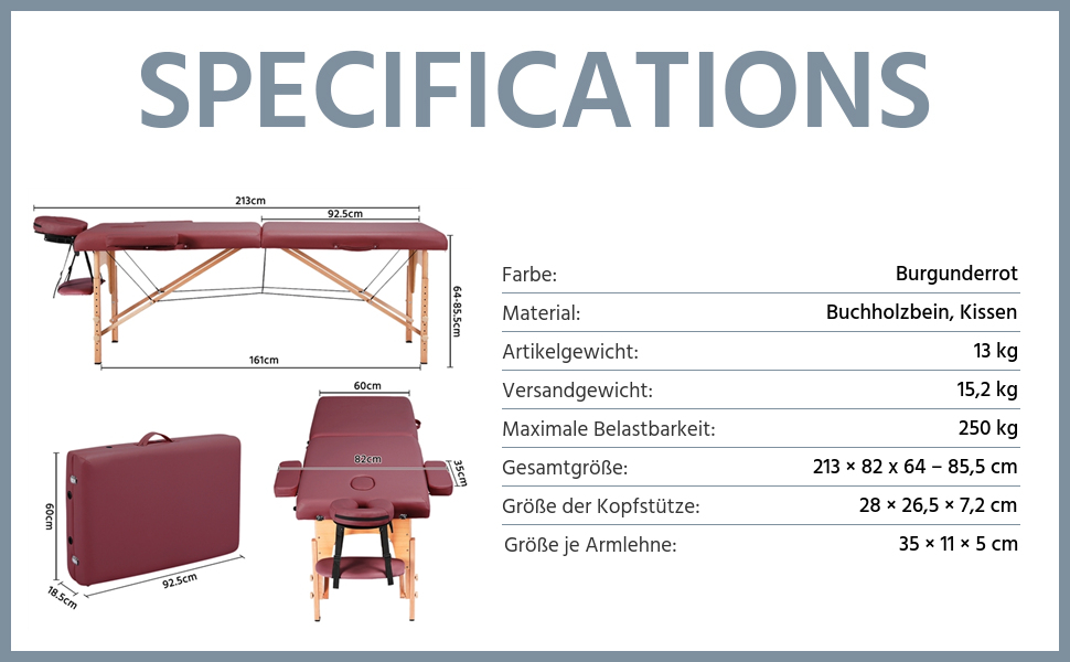 Масажний стіл Yaheetech Мобільний масажний стіл 2 зони Портативне масажне ліжко Регульовані по висоті дерев'яні ніжки з підголівником і підлокітниками 213 82 x 85,5 см до 250 кг З можливістю завантаження (213 x 82 см, бордовий)