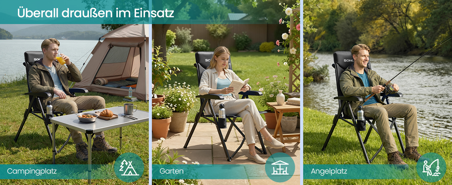 Складний туристичний стілець SONGMICS для відпочинку, риболовлі та кемпінгу, чорний, з регульованою спинкою 95°-150°