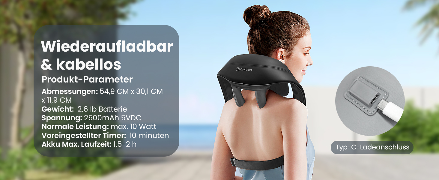Бездротовий масажер для шиї та плечей COMFIER 6D з підігрівом, глибоким розминаючим масажем, знімним чохлом, чорний – ідеальний подарунок для мами й тата