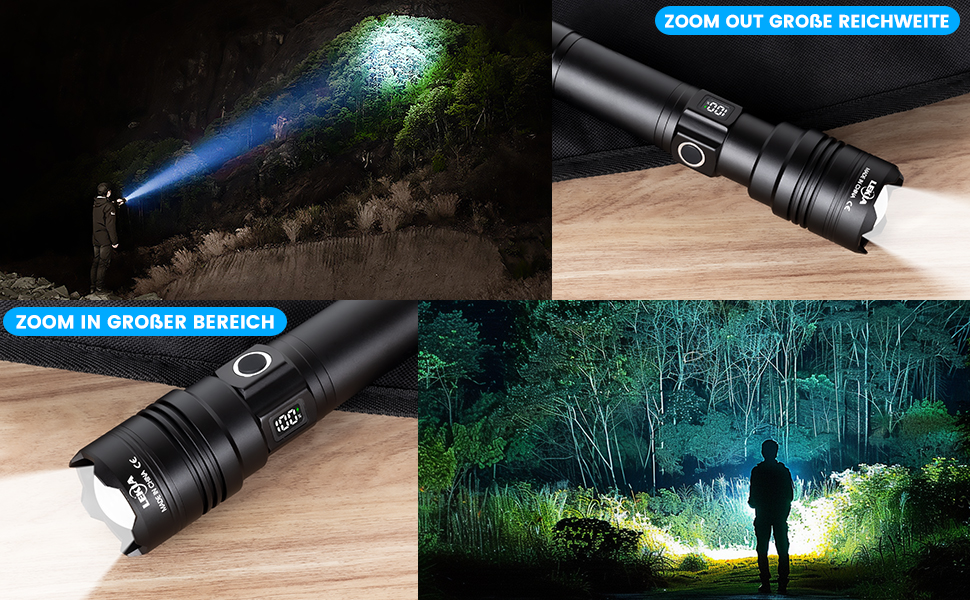 LED ліхтарик LEKIA PHM-30W: 500000 люменів, USB-C, військовий, 5 режимів, IPX6, Zoom, для кемпінгу та надзвичайних ситуацій