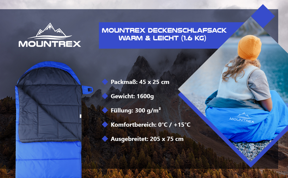 Спальний мішок MOUNTREX -5°C / 10°C для кемпінгу та відпочинку на природі. Дека-спальник 205 x 75 см, 3 сезони, легкий та теплий (1.6 кг). Підходить для чоловіків, жінок та дорослих. Можливість з'єднання блискавками (RV) - колір: блакитний.