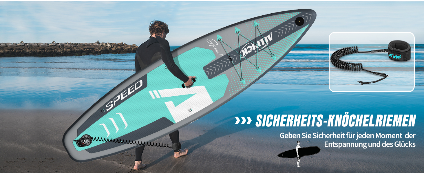 ALLPICK SUP Board Premium набір: Дошка для Stand Up Paddling надувна, з кріпленням для камери, повний комплект аксесуарів, регульоване весло, для початківців та просунутих, вантажопідйомність 200 кг, сіро-зелений