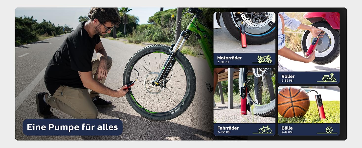 Електрична велосипедна помпа Woowind BP188 з акумулятором, 120-150 PSI, компресор для авто, мотоцикла та велосипеда, сумісна з усіма клапанами