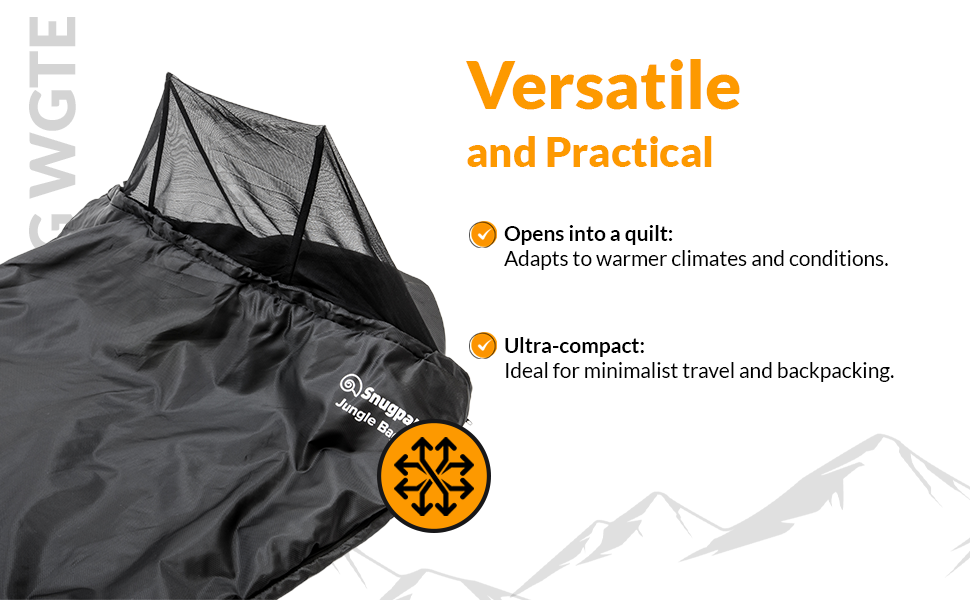 Сумка-спальник Snugpak Jungle Bag WGTE з вбудованою москітною сіткою - легкий, гігієнічний спальний мішок та універсальний ковдра для кемпінгу та експедицій у тропічних умовах (чорний, ліва блискавка)