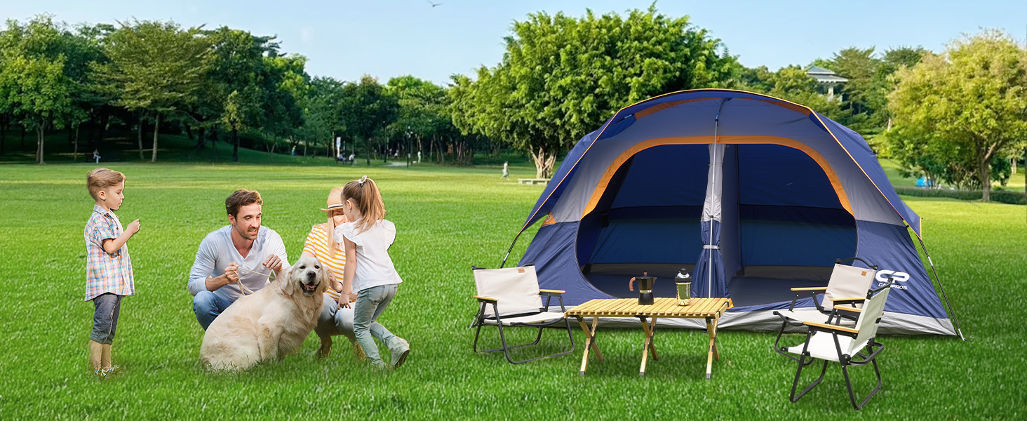 Намет сімейний CAMPROS Campingzelt 6 для 8 осіб, водонепроникний, 366x274x193 см, швидкий монтаж, 4 сезони, блакитний