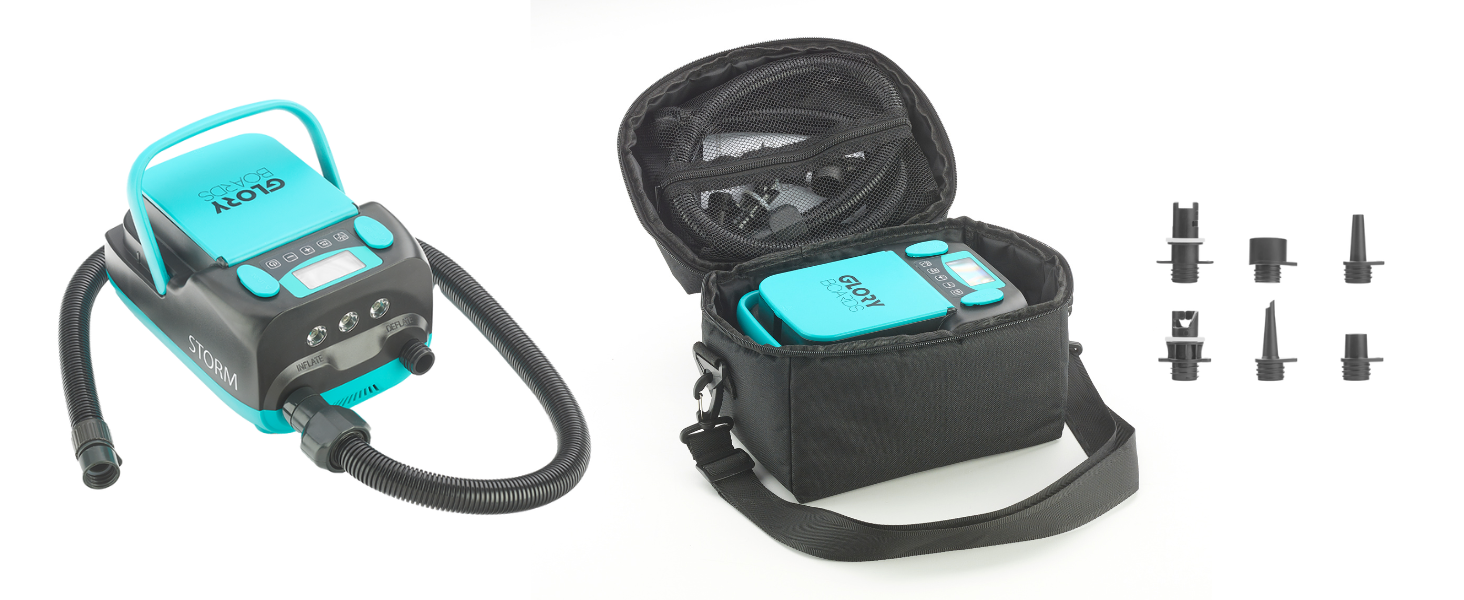 GLORY BOARDS® Storm - електричний насос для SUP з акумулятором, 20 PSI, 4 дошки, LED-ліхтар, USB-зарядка, 6 адаптерів